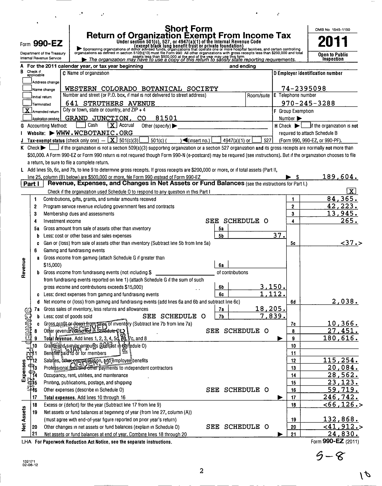 Image of first page of 2011 Form 990EZ for Western Colorado Botanical Society