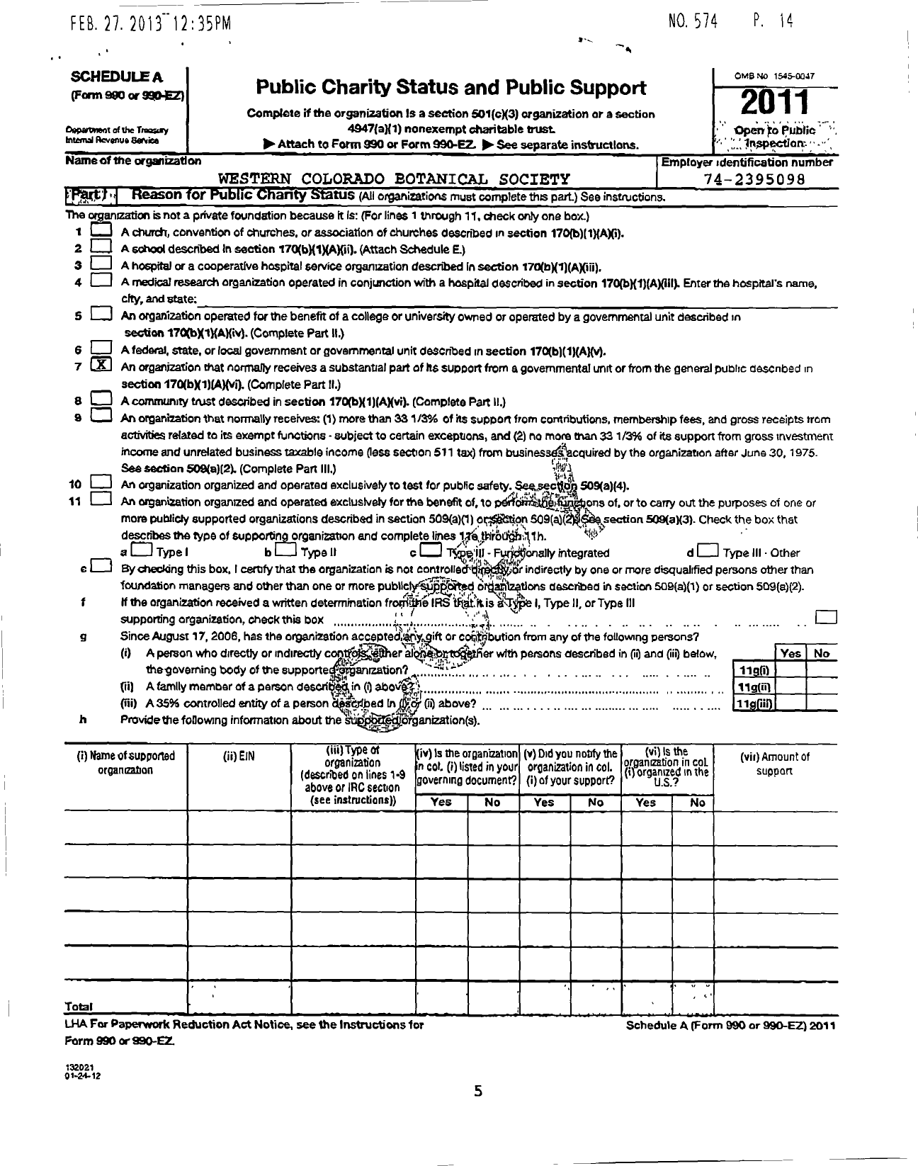 Image of first page of 2011 Form 990ER for Western Colorado Botanical Society