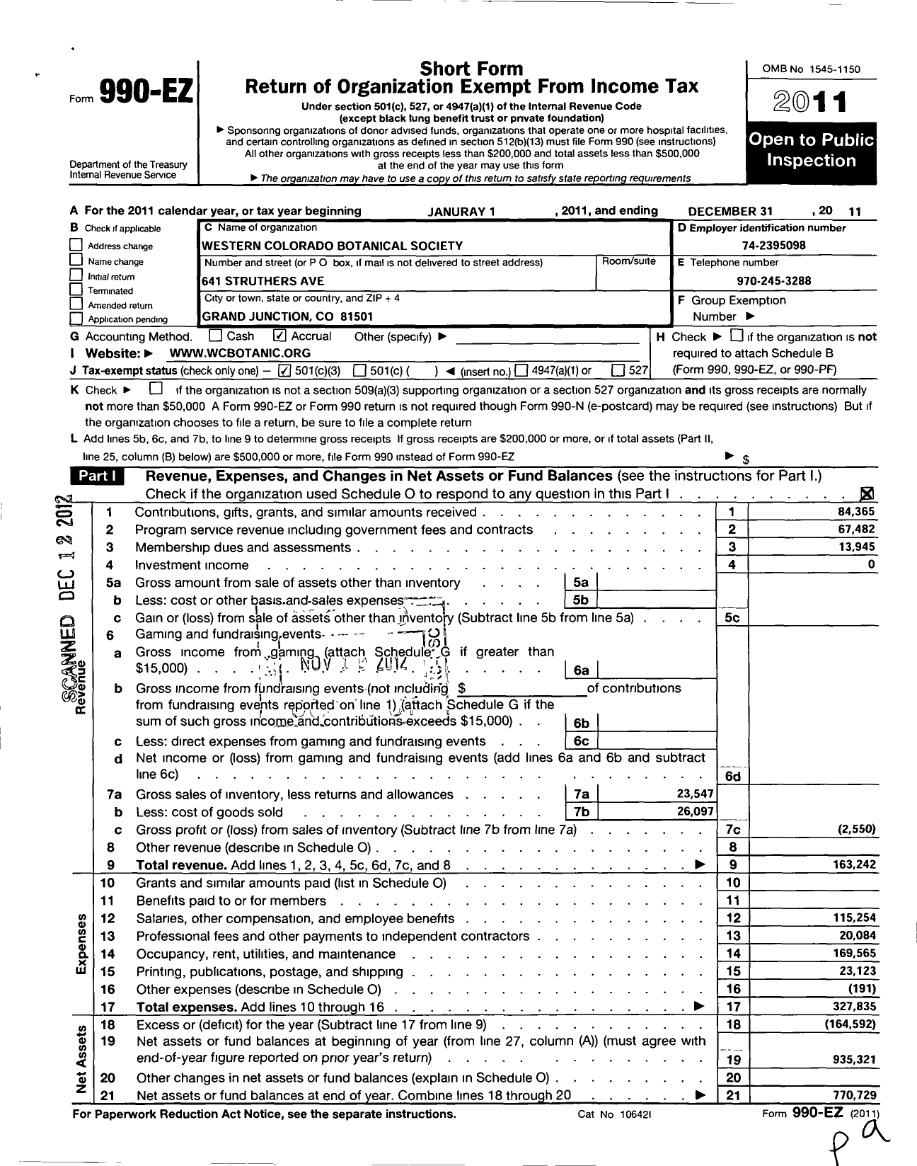 Image of first page of 2011 Form 990EZ for Western Colorado Botanical Society