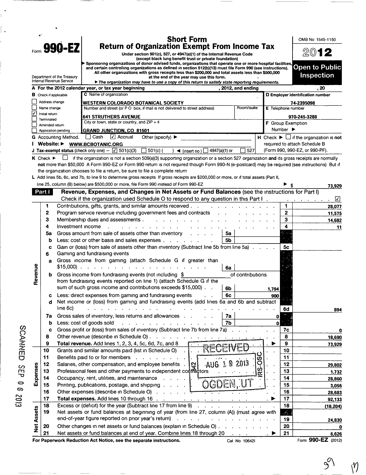 Image of first page of 2012 Form 990EZ for Western Colorado Botanical Society