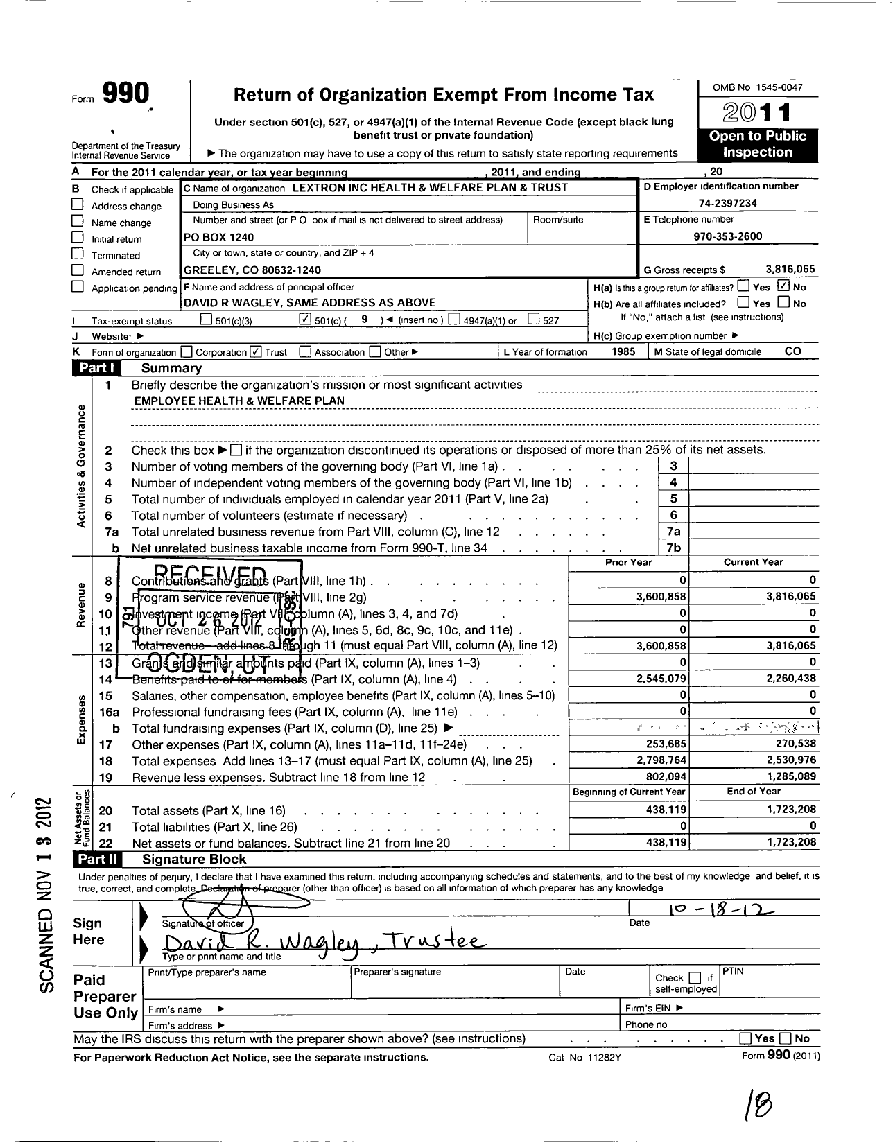 Image of first page of 2011 Form 990O for Lextron Health and Welfare Plan and Trust