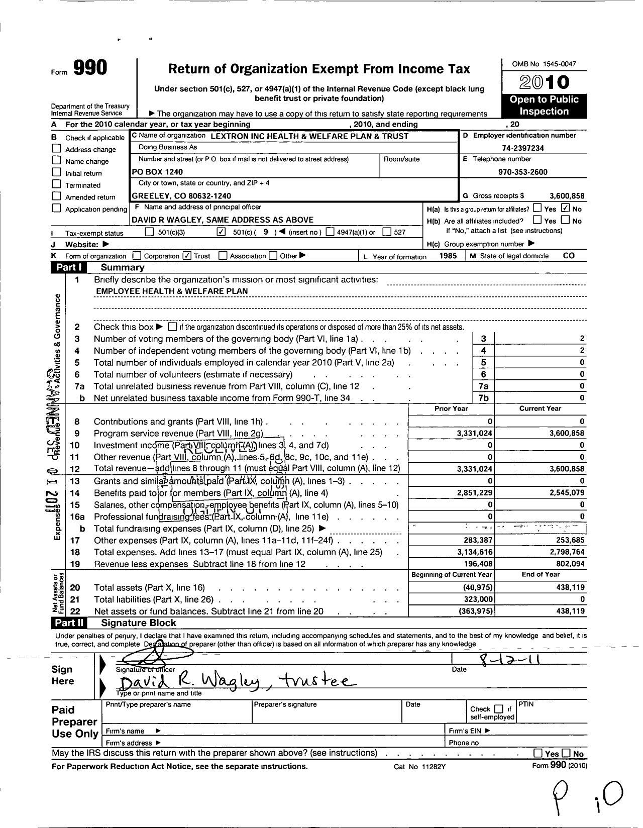 Image of first page of 2010 Form 990O for Lextron Health and Welfare Plan and Trust