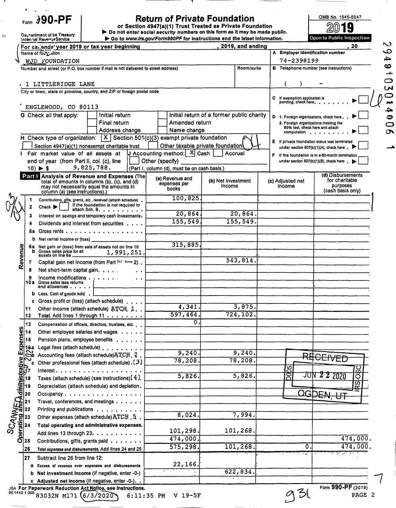 Image of first page of 2019 Form 990PF for WJD Foundation