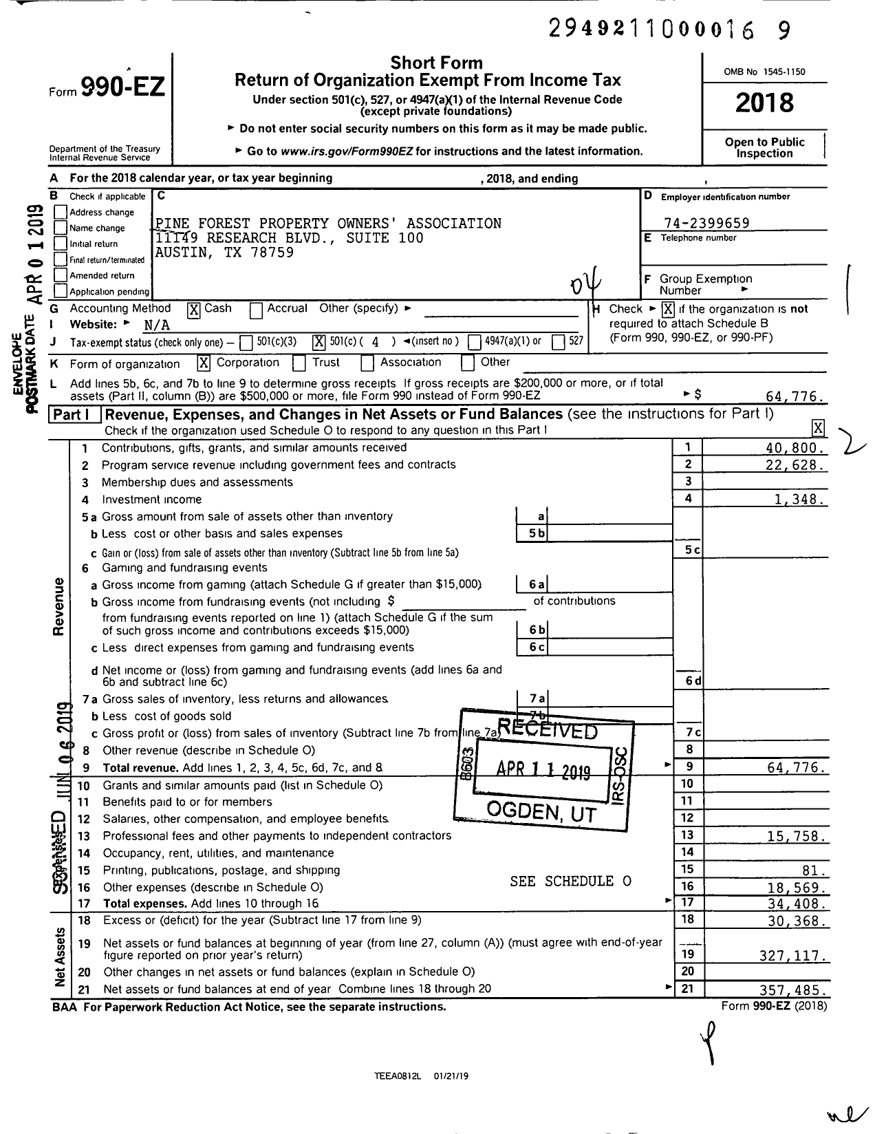 Image of first page of 2018 Form 990EO for Pine Forest Property Owners Association