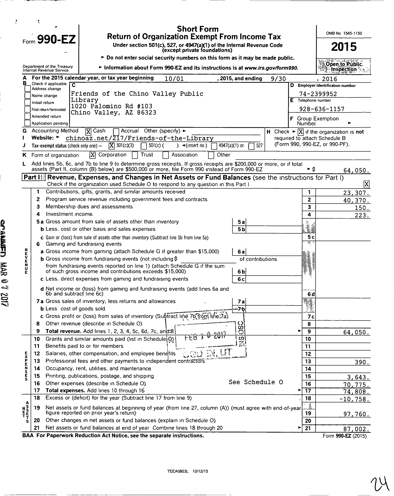 Image of first page of 2015 Form 990EZ for Friends of the Chino Valley Public Library