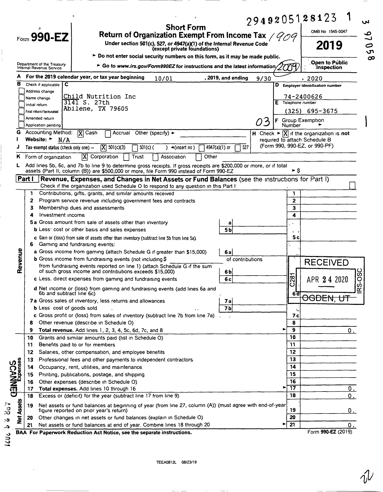 Image of first page of 2018 Form 990EZ for Child Nutrition