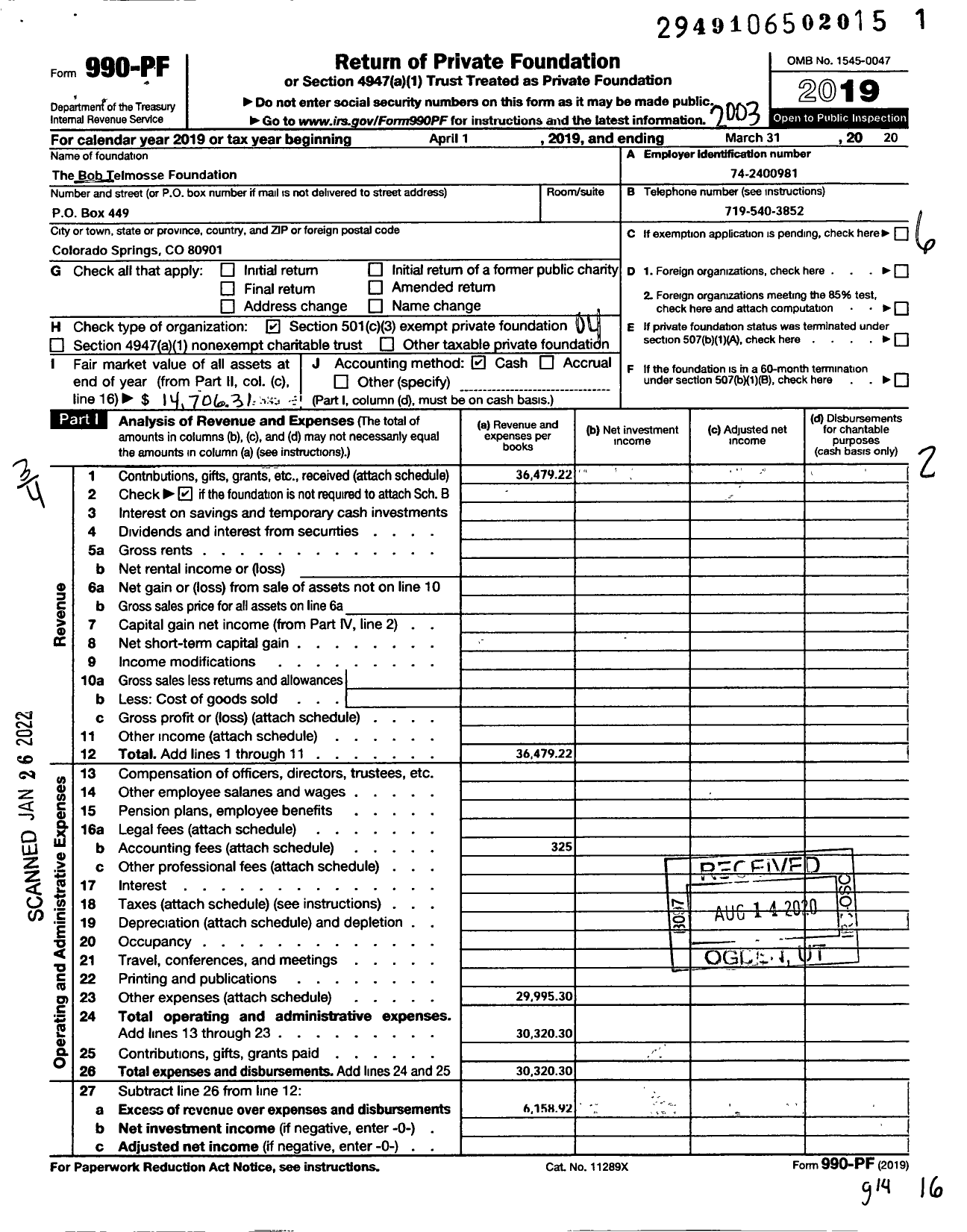 Image of first page of 2019 Form 990PF for Bob Telmosse Foundation