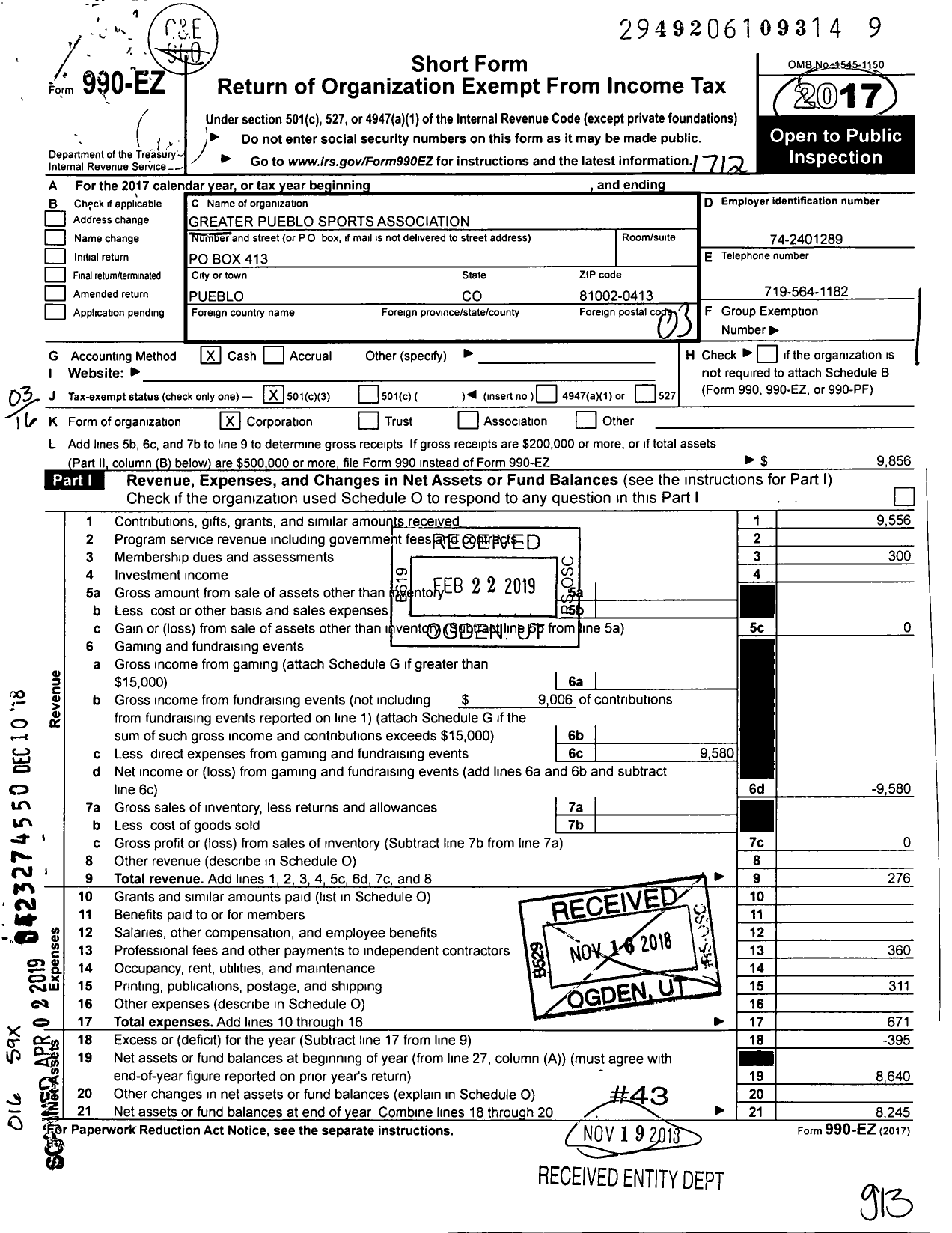 Image of first page of 2017 Form 990EZ for Greater Pueblo Sports Association