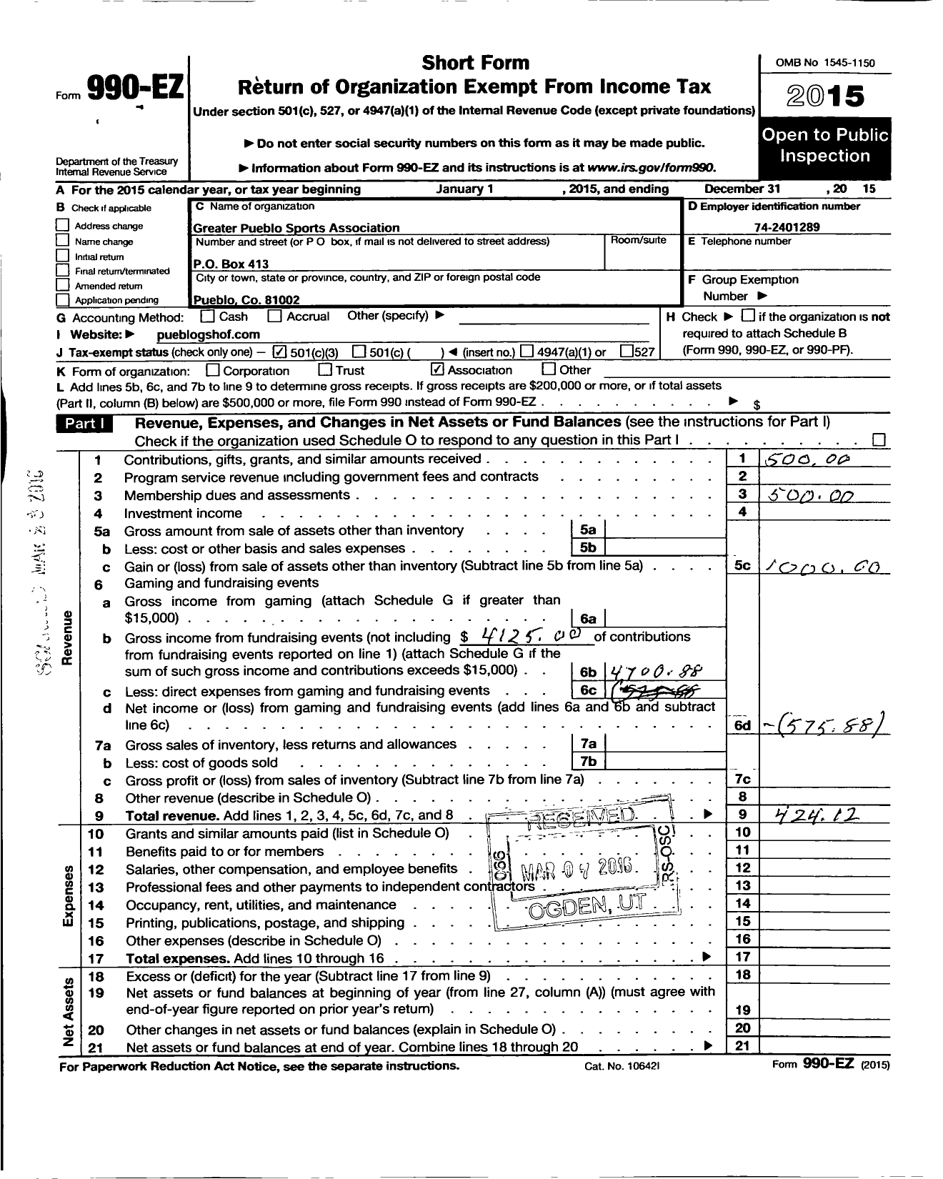 Image of first page of 2015 Form 990EZ for Greater Pueblo Sports Association