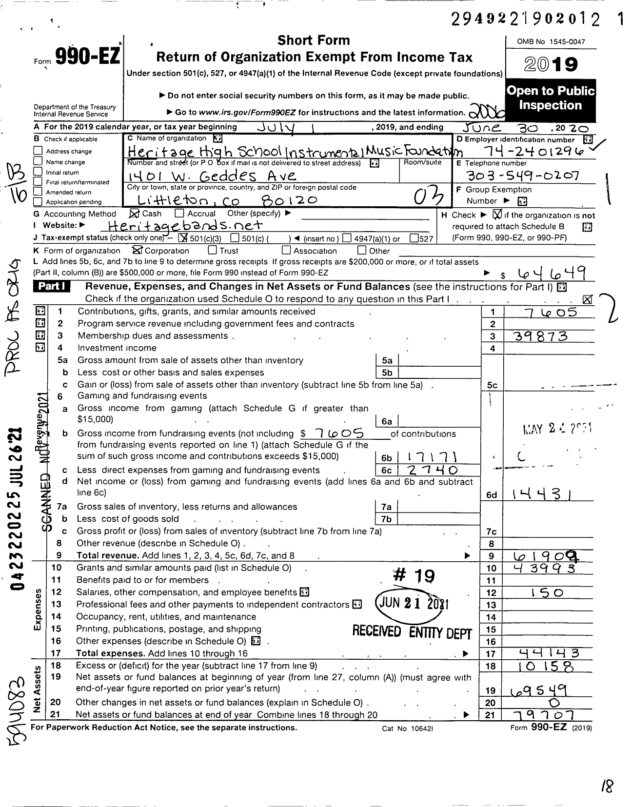 Image of first page of 2019 Form 990EZ for Heritage High School Instrumental Music Foundation