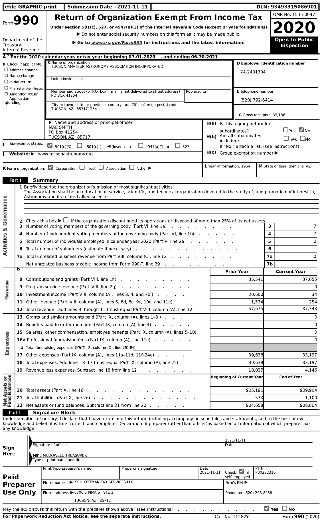 Image of first page of 2020 Form 990 for Tucson Amateur Astronomy Association Incorporated