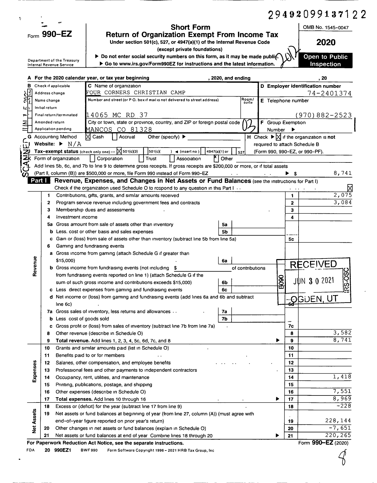 Image of first page of 2020 Form 990EZ for Four Corners Christian Camp