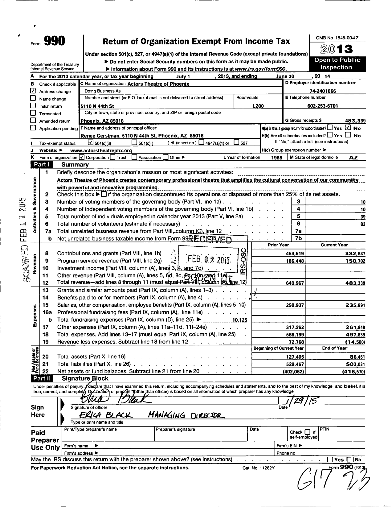 Image of first page of 2013 Form 990 for Actors Theatre of Phoenix