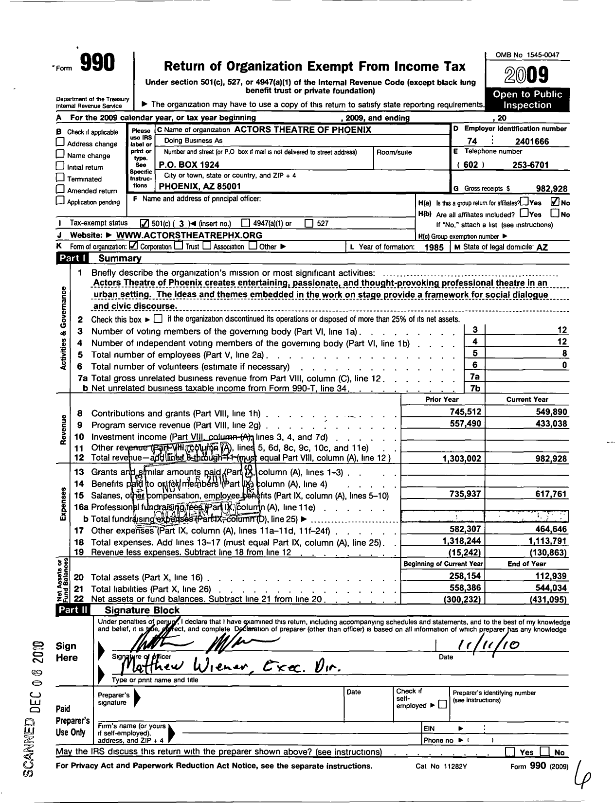 Image of first page of 2009 Form 990 for Actors Theatre of Phoenix