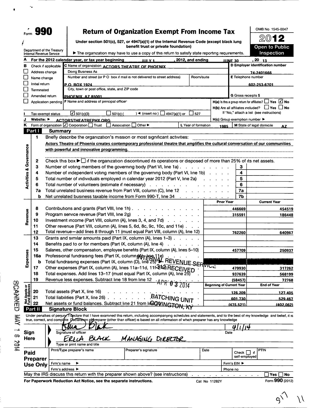 Image of first page of 2012 Form 990 for Actors Theatre of Phoenix