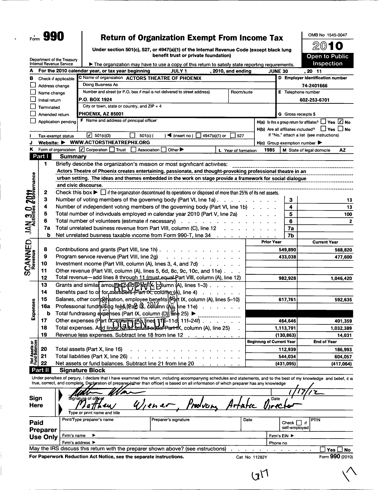 Image of first page of 2010 Form 990 for Actors Theatre of Phoenix