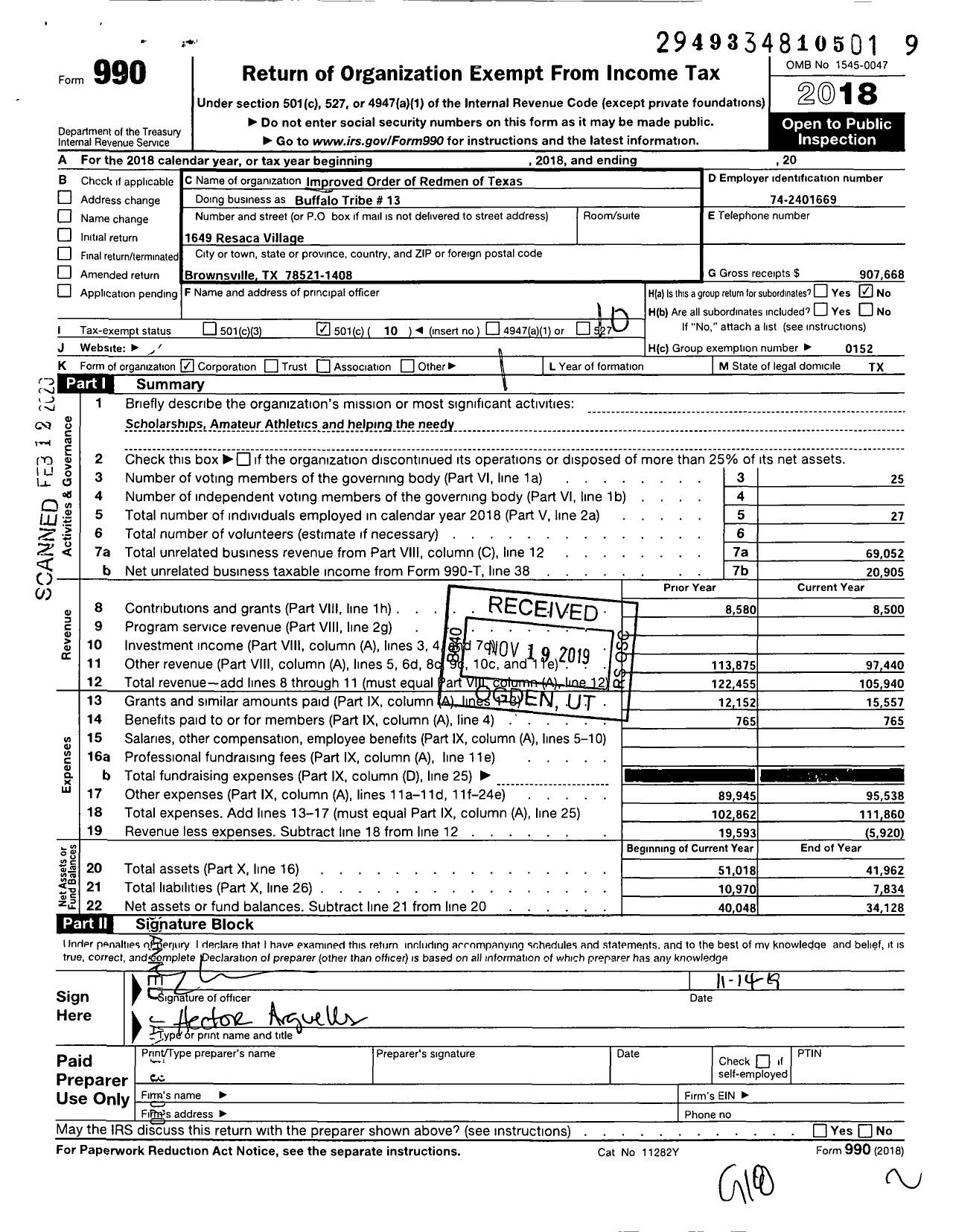 Image of first page of 2018 Form 990O for Improved Order of Red Men of Texas - 13 Buffalo Tribe