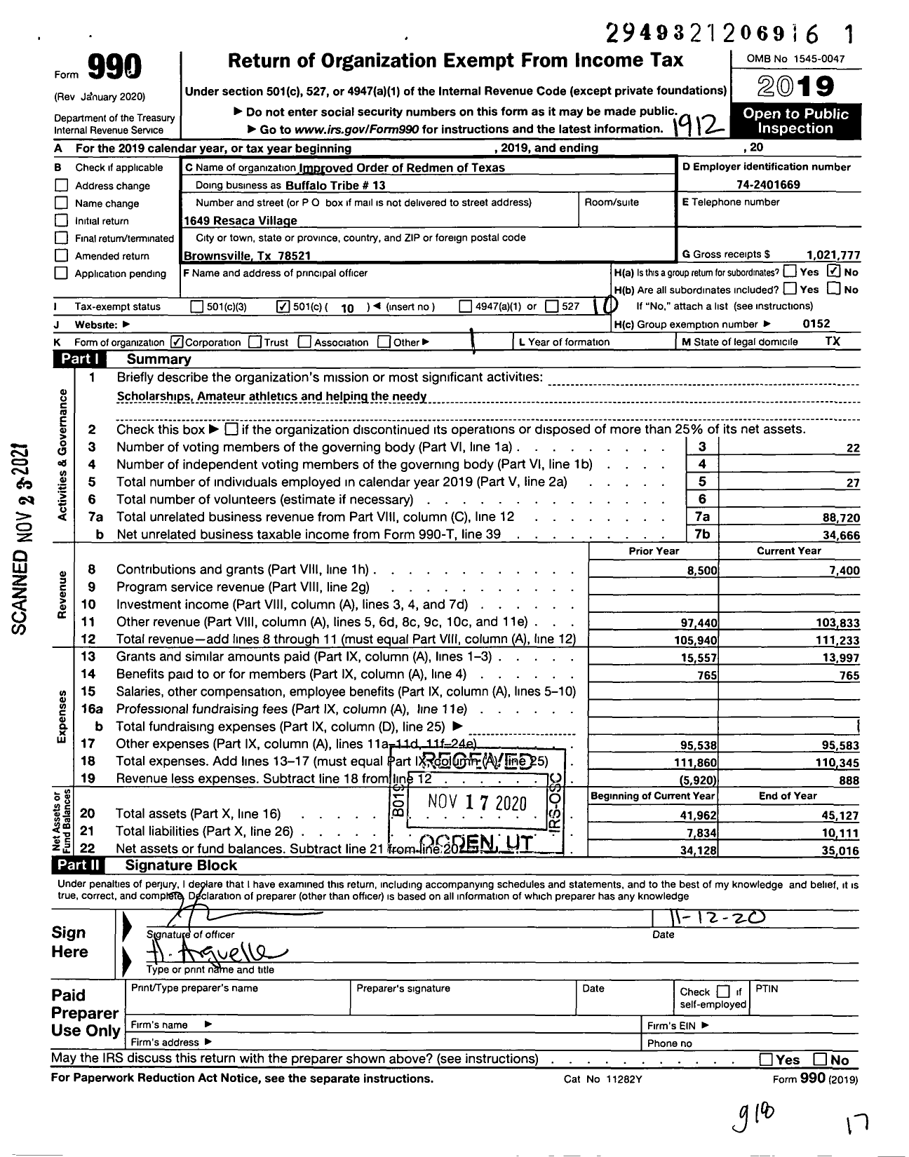 Image of first page of 2019 Form 990O for Improved Order of Red Men of Texas - 13 Buffalo Tribe