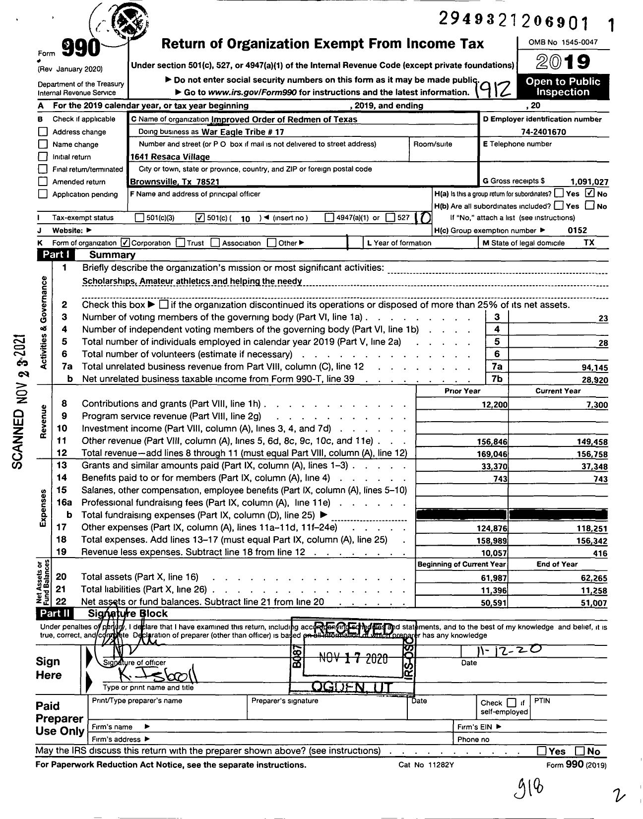 Image of first page of 2019 Form 990O for Improved Order of Red Men of Texas - 17 Redmen War Eagle Tribe