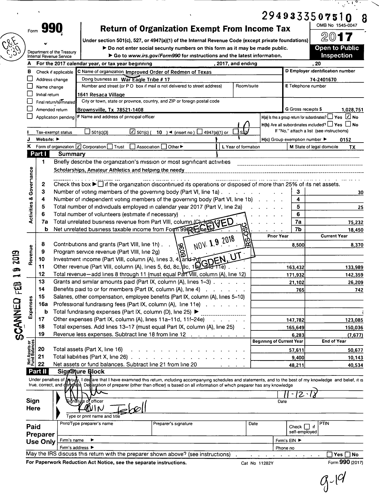 Image of first page of 2017 Form 990O for Improved Order of Red Men of Texas - 17 Redmen War Eagle Tribe