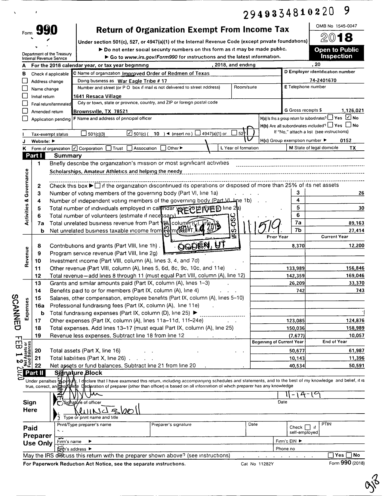 Image of first page of 2018 Form 990O for Improved Order of Red Men of Texas - 17 Redmen War Eagle Tribe