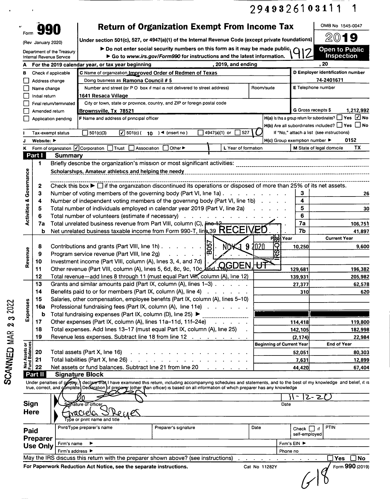 Image of first page of 2019 Form 990O for Improved Order of Red Men of Texas - Redmen Ramona Council 5