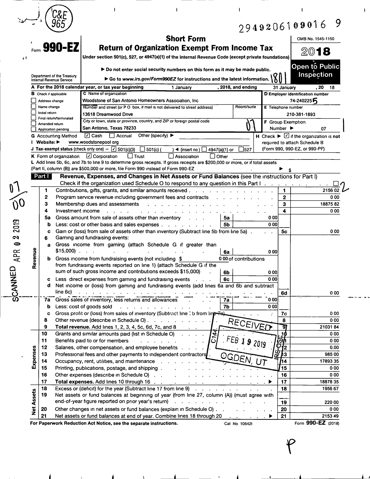 Image of first page of 2017 Form 990EO for Woodstone of San Antonio Homeowners Association