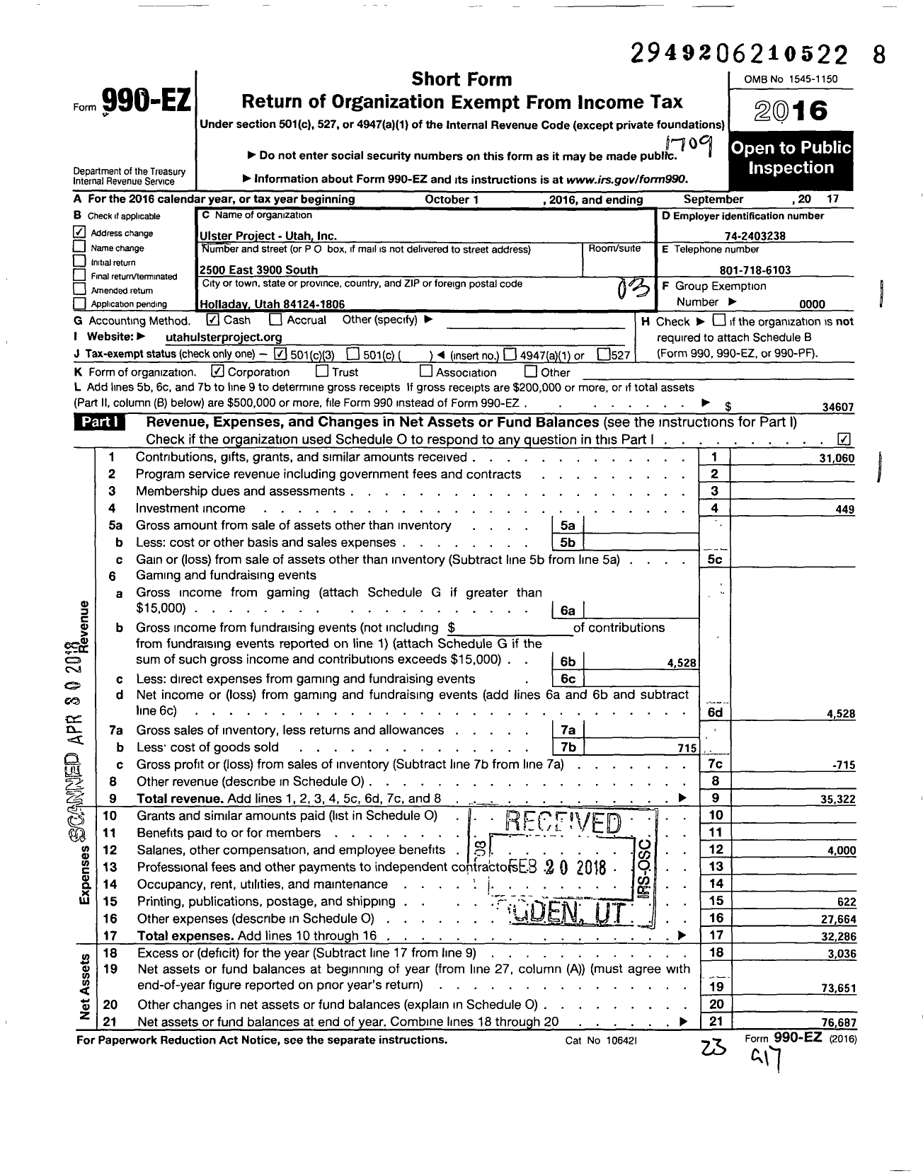 Image of first page of 2016 Form 990EZ for Ulster Project - Utah