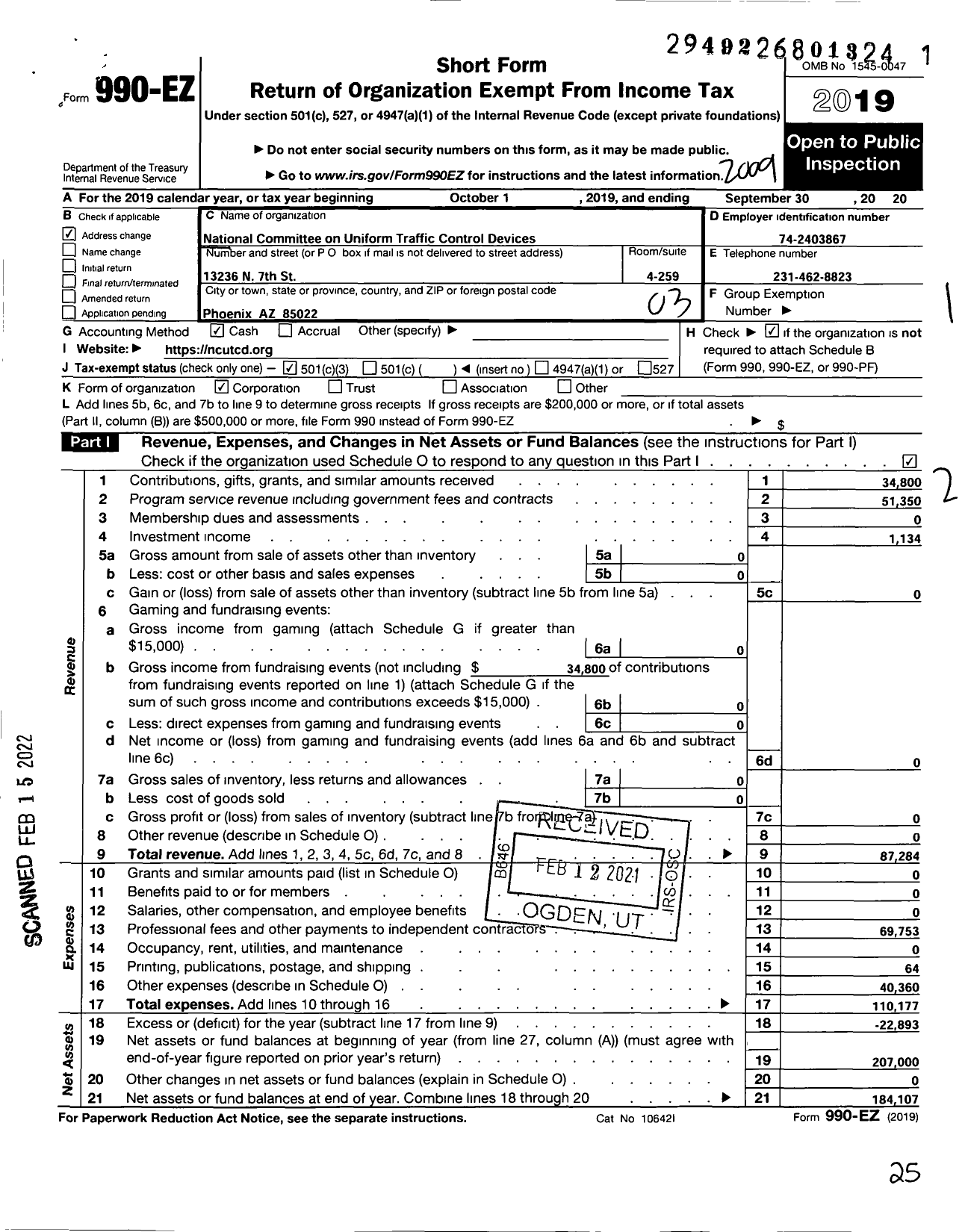 Image of first page of 2019 Form 990EZ for National Committee on Uniform Traffic Control Devices