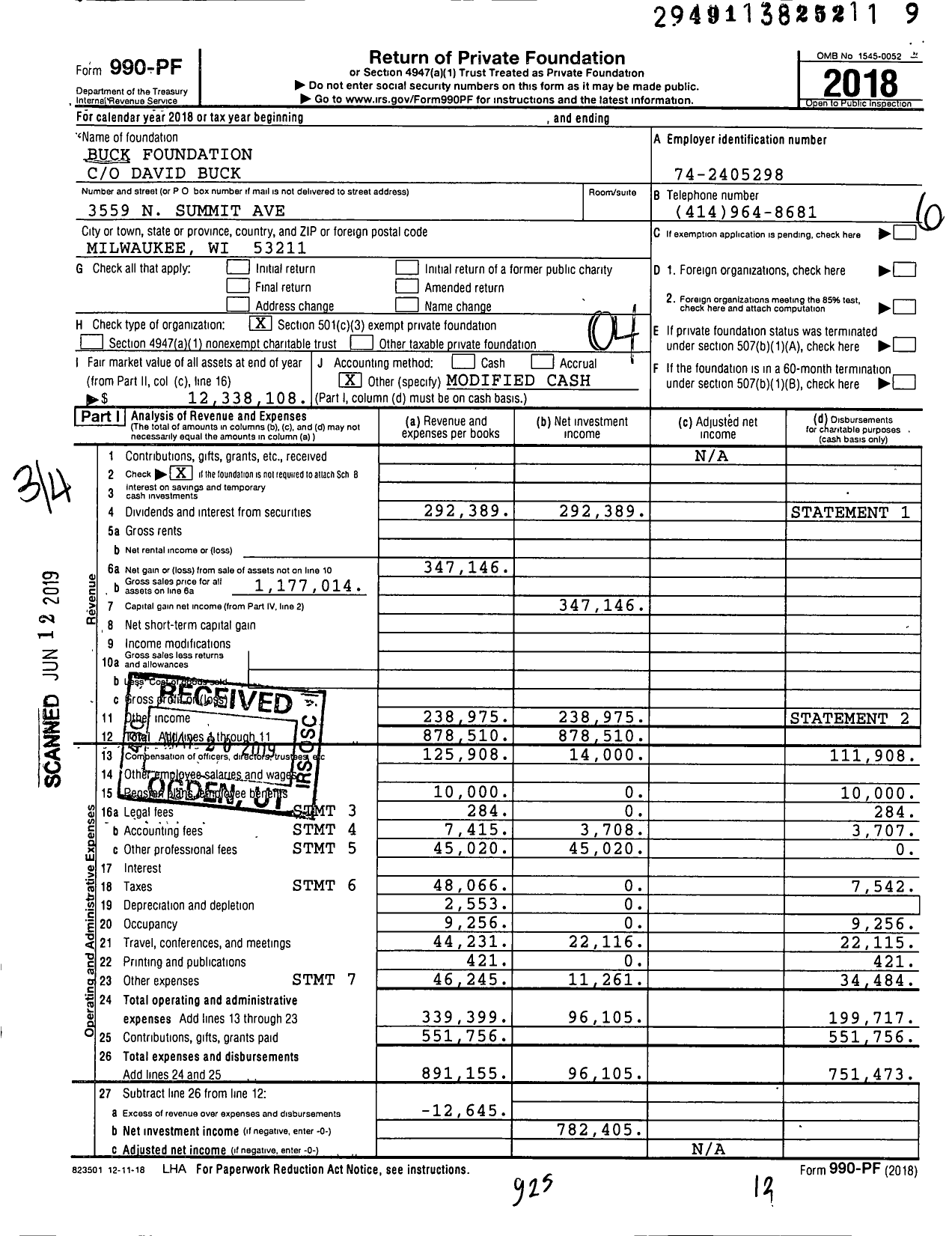 Image of first page of 2018 Form 990PF for Buck Foundation