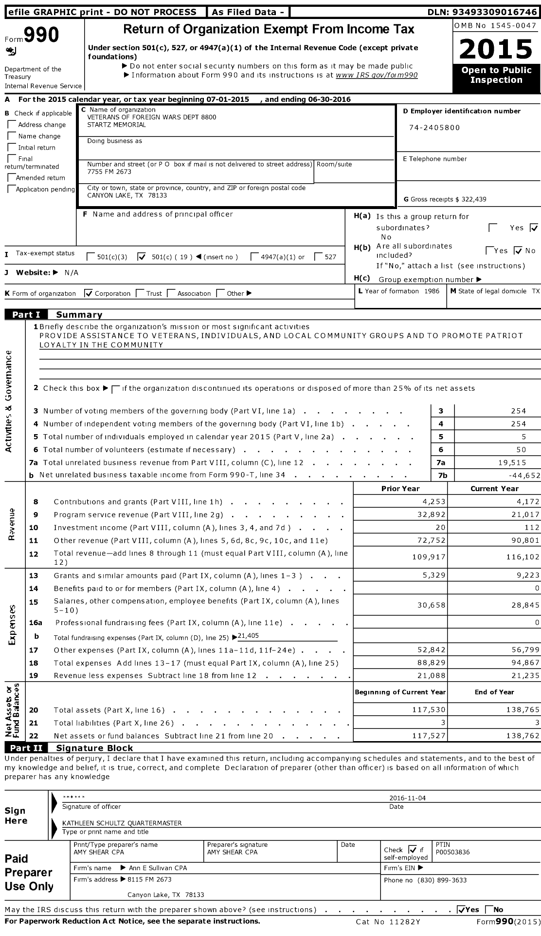 Image of first page of 2015 Form 990O for Texas VFW - 8800 Startz Memorial