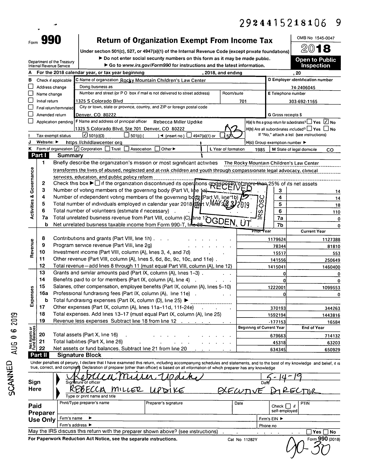 Image of first page of 2018 Form 990 for Rocky Mountain Children's Law Center