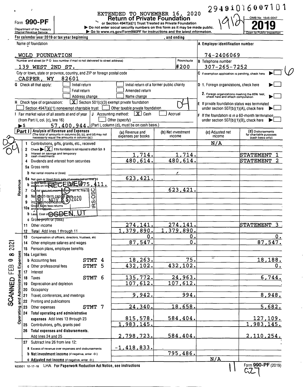 Image of first page of 2019 Form 990PF for Wold Foundation