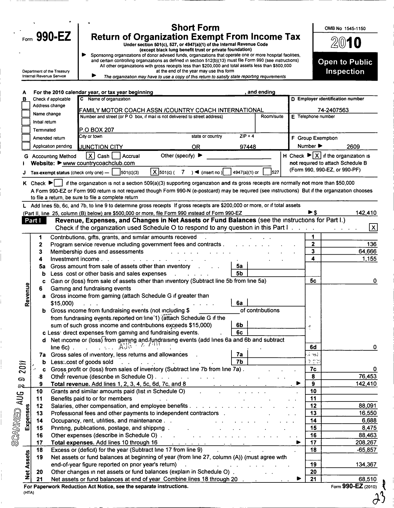 Image of first page of 2010 Form 990EO for Family Motor Coach Association / Country Coach International