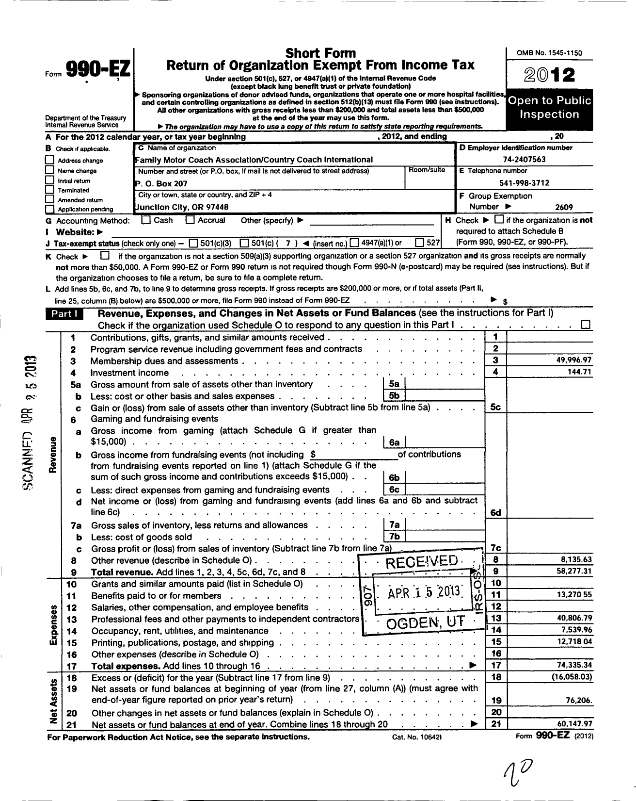 Image of first page of 2012 Form 990EO for Family Motor Coach Association / Country Coach International