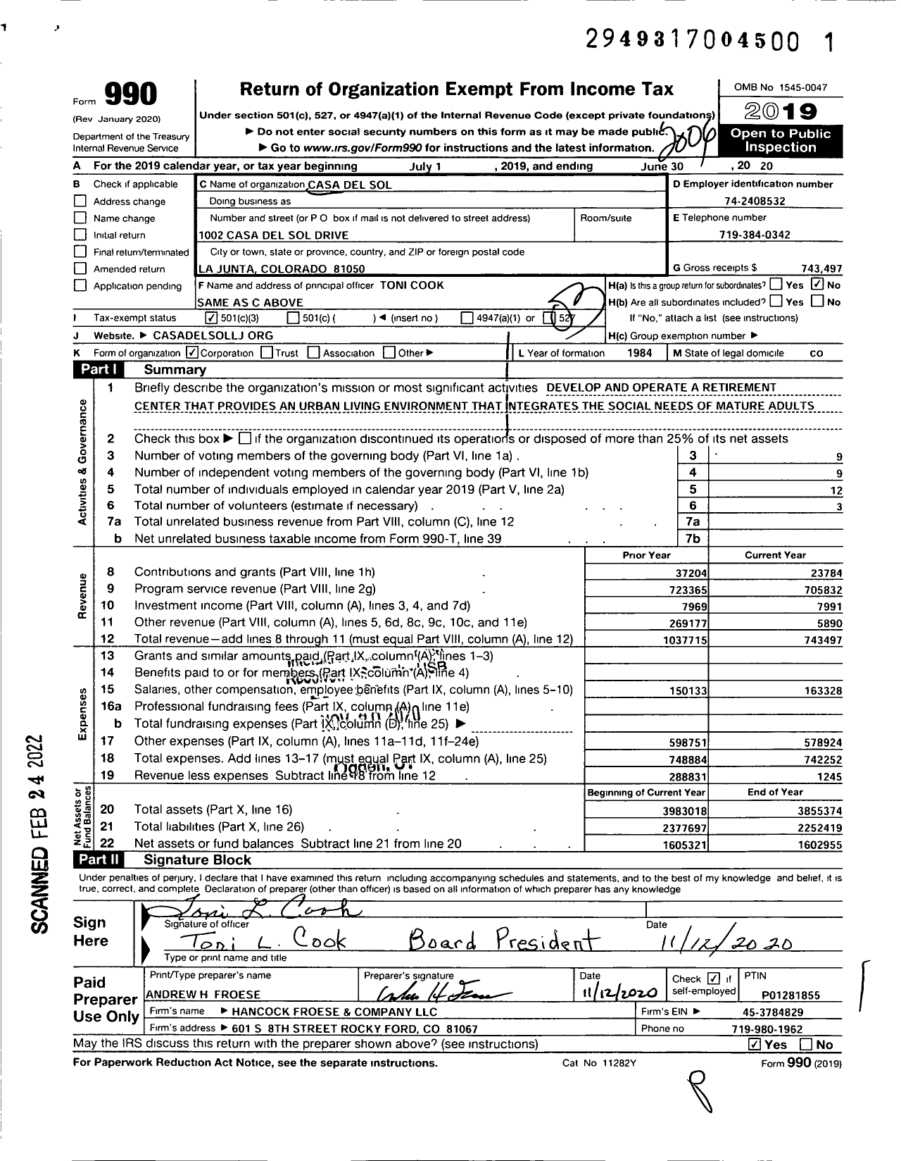 Image of first page of 2019 Form 990 for Casa Del Sol