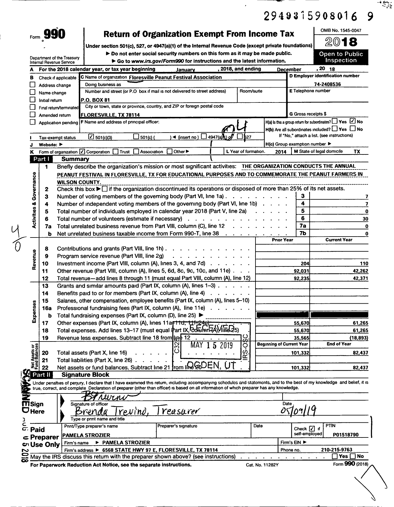 Image of first page of 2018 Form 990O for Floresville Peanut Festival Association