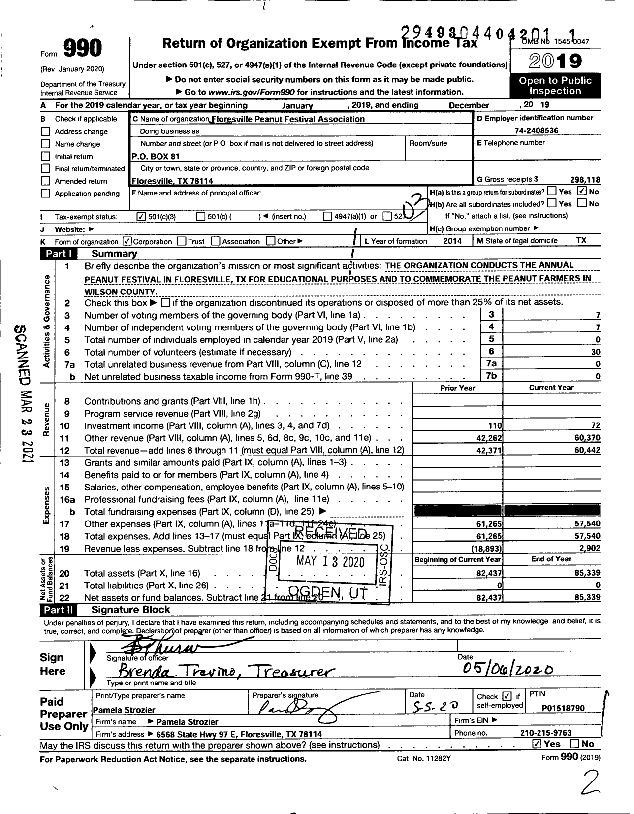 Image of first page of 2019 Form 990 for Floresville Peanut Festival Association