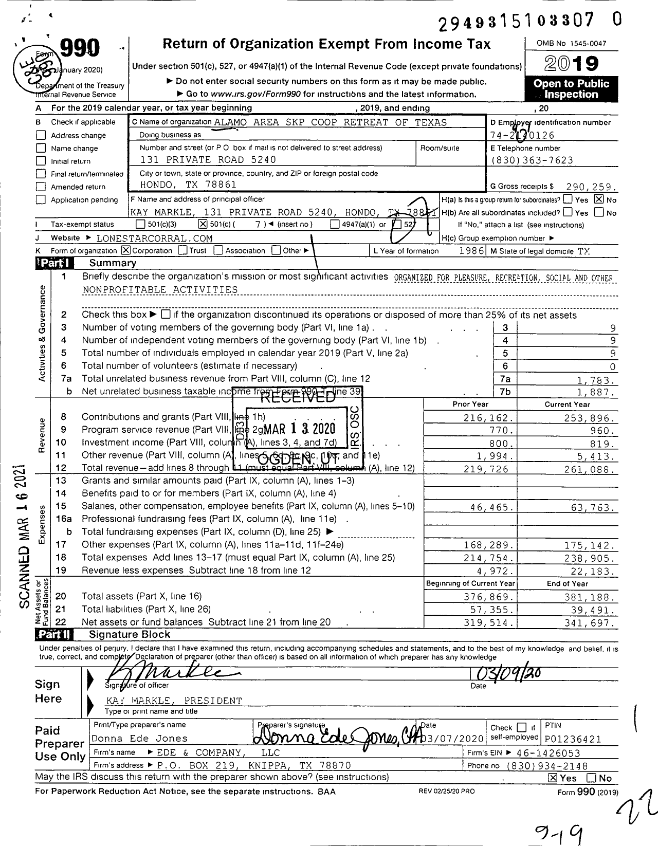 Image of first page of 2019 Form 990O for Alamo Area SKP Coop Retreat of Texas