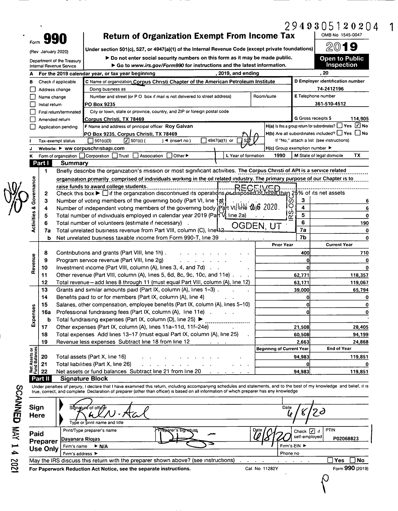 Image of first page of 2019 Form 990O for Corpus Christi Chapter of the American Petroleum Institute