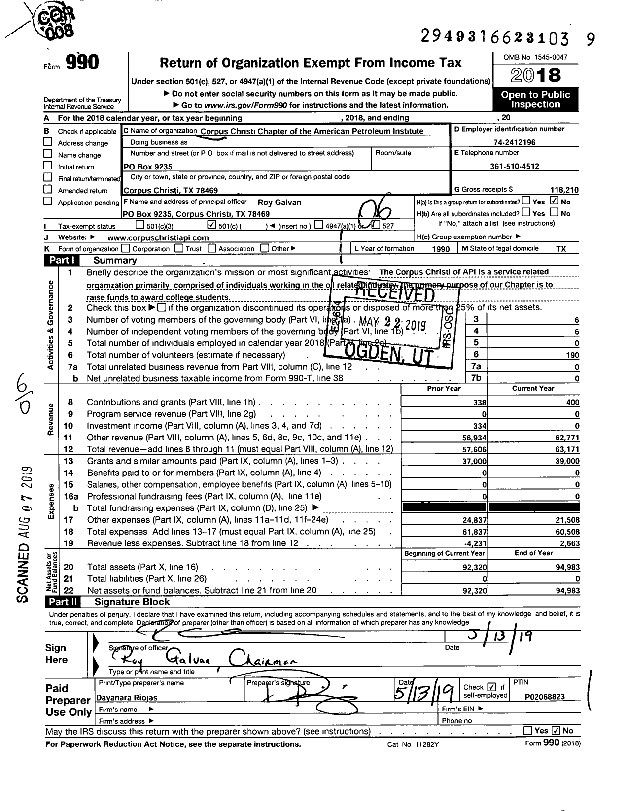 Image of first page of 2018 Form 990O for Corpus Christi Chapter of the American Petroleum Institute