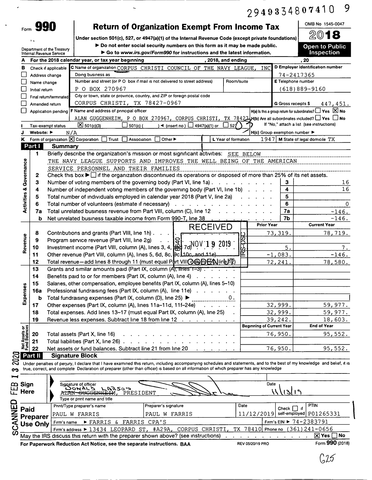 Image of first page of 2018 Form 990 for Corpus Christi Council of the Navy League