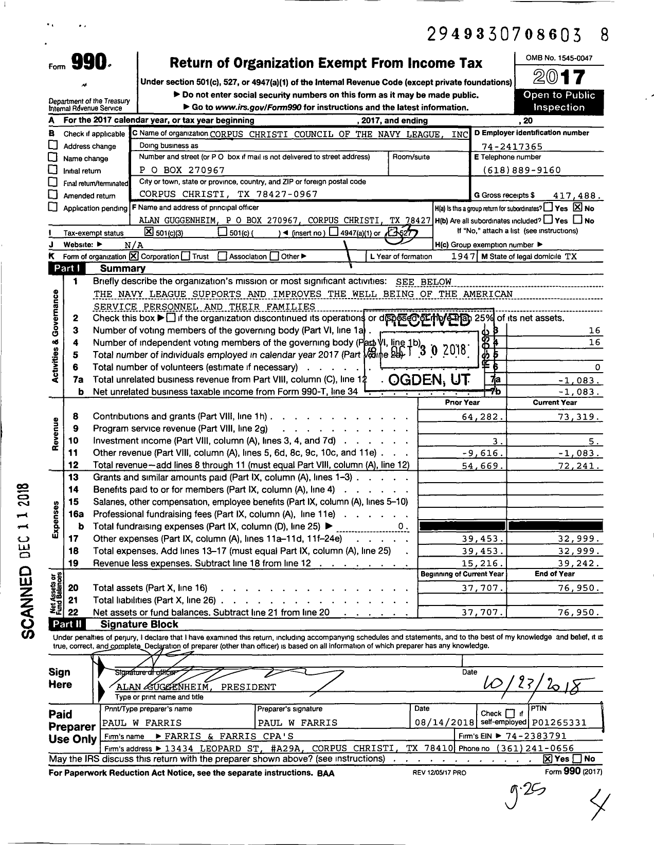 Image of first page of 2017 Form 990 for Corpus Christi council of the Navy League