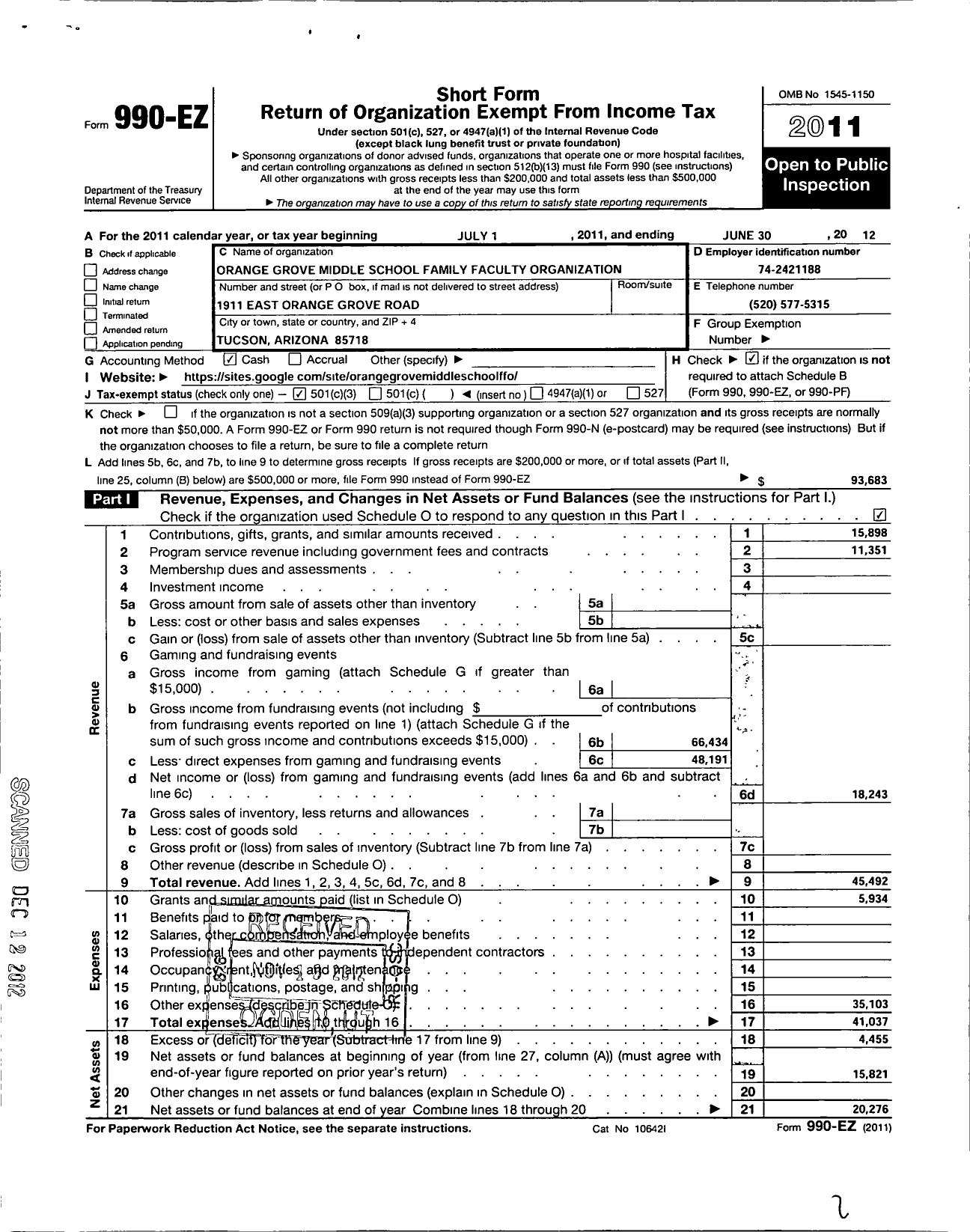 Image of first page of 2011 Form 990EZ for Orange Grove Middle School Family Faculty Association