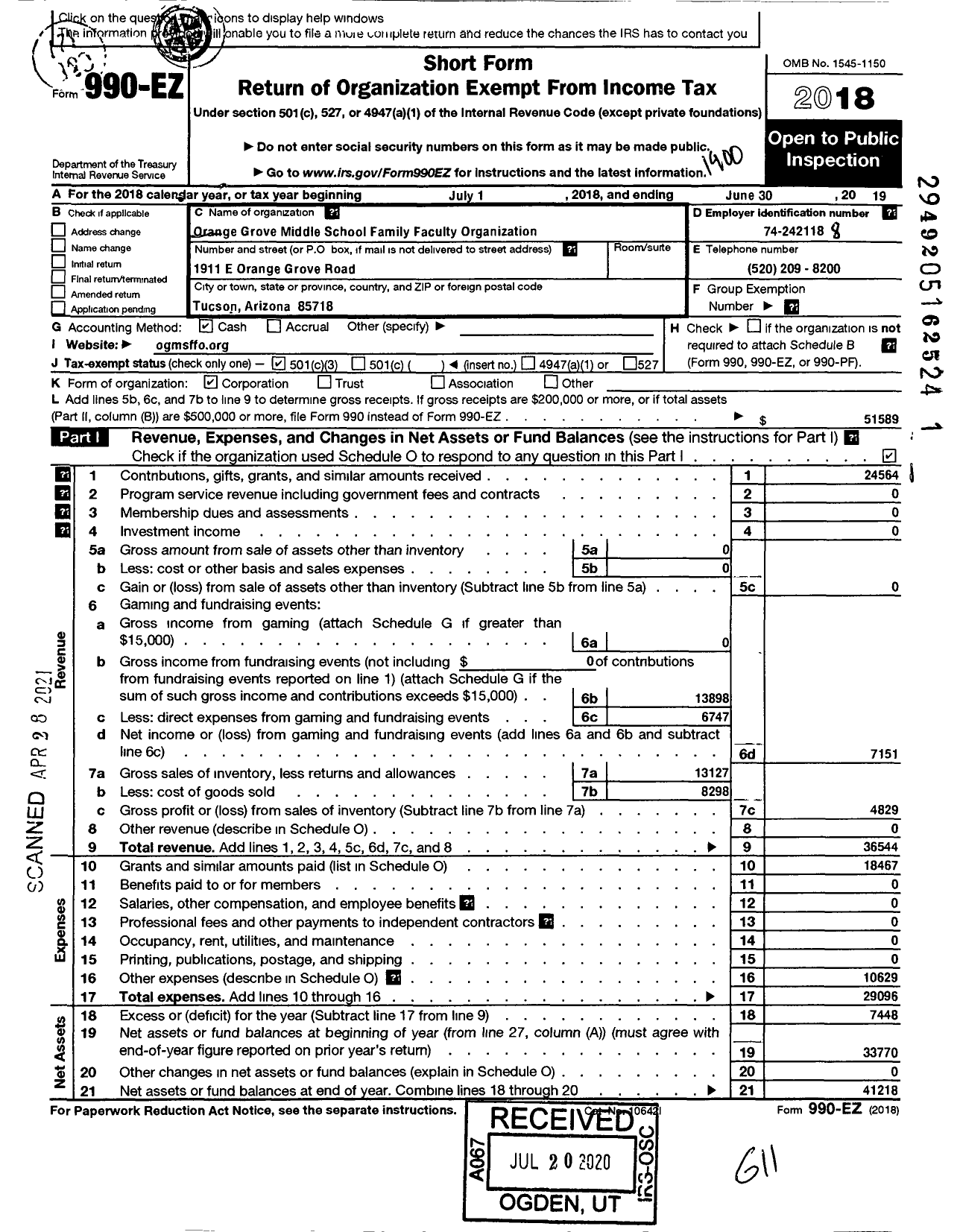 Image of first page of 2018 Form 990EZ for Orange Grove Middle School Family Faculty Association