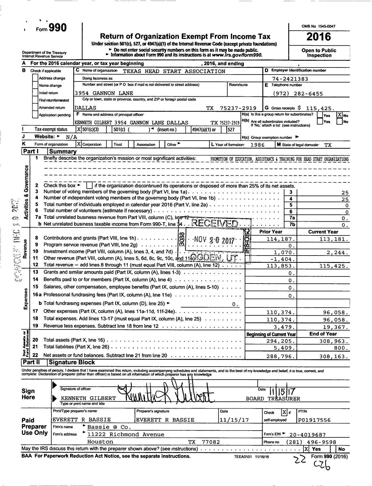 Image of first page of 2016 Form 990 for Texas Head Start Association