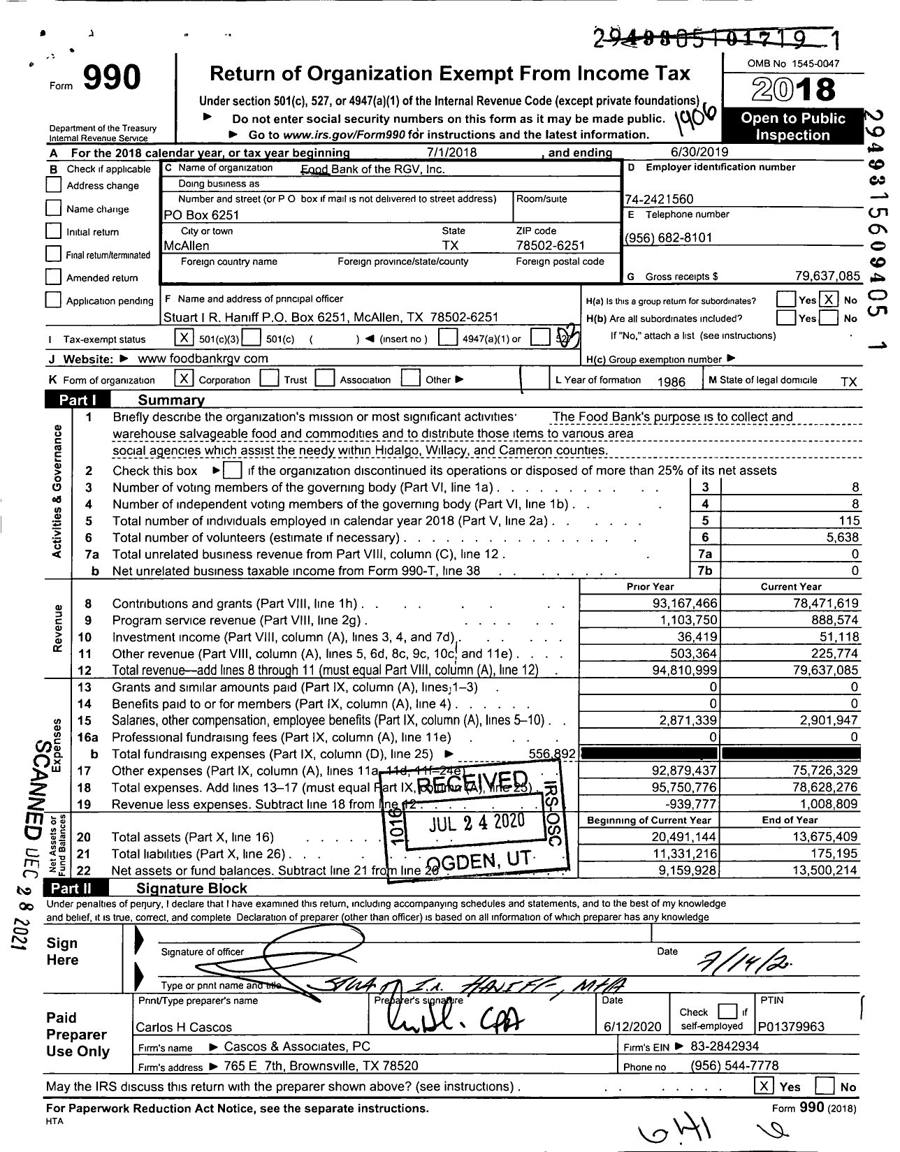Image of first page of 2018 Form 990 for Food Bank of the RGV