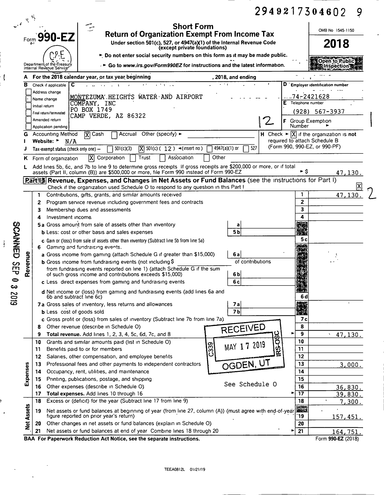 Image of first page of 2018 Form 990EO for Montezuma Heights Water and Airport Company