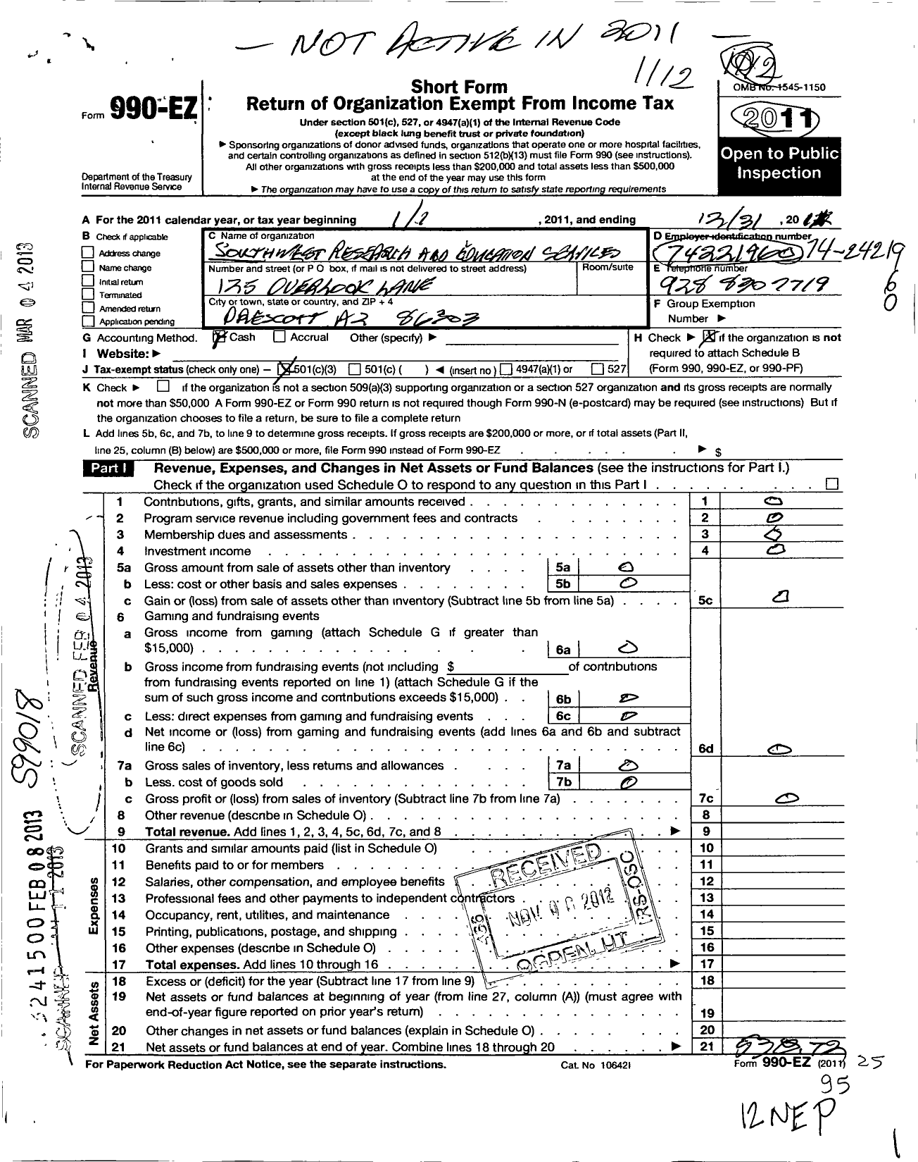 Image of first page of 2011 Form 990EZ for Southwest Research and Education Services