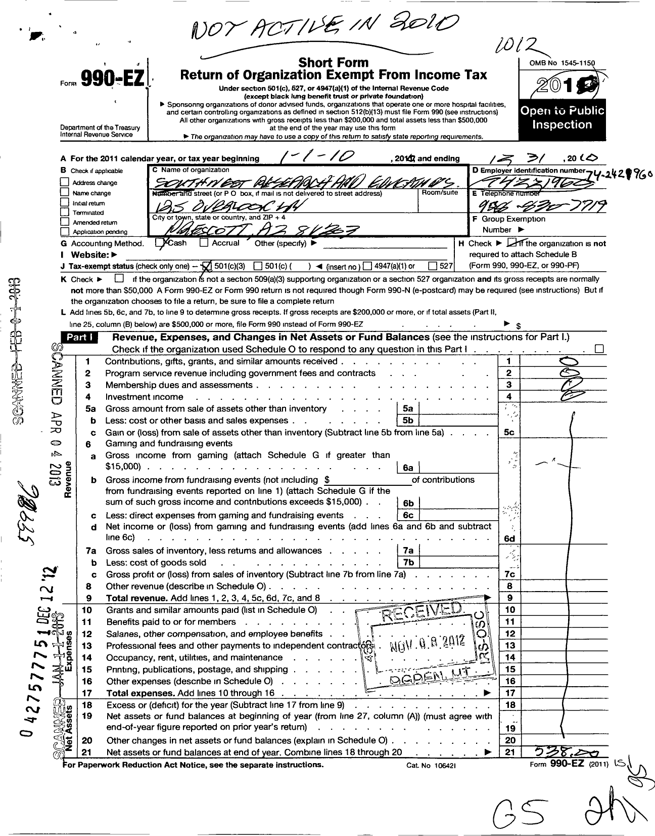 Image of first page of 2010 Form 990EZ for Southwest Research and Education Services